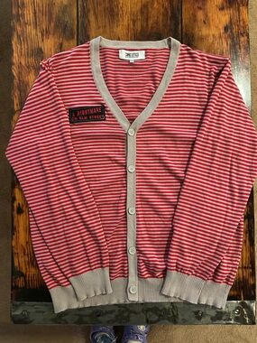 Jordan Craig VNTG Red and Gray Striped Cardigan with Nightmare on Elm St Patch